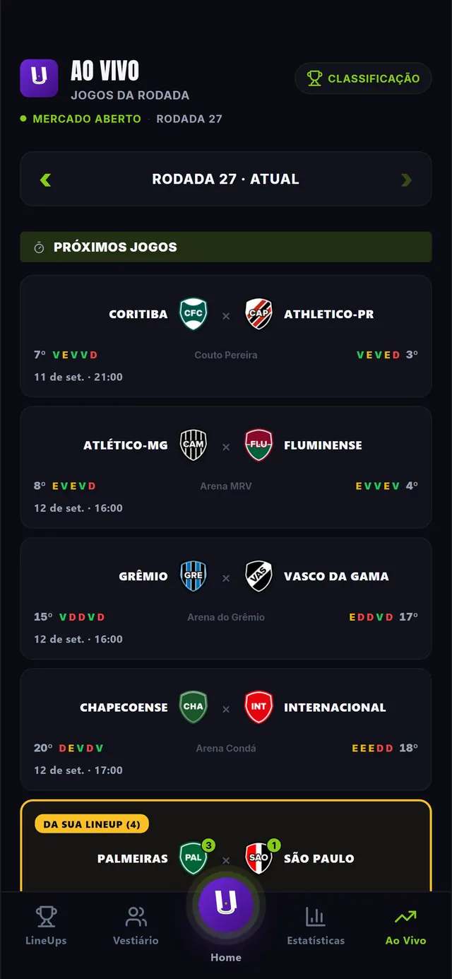 Tela Ao Vivo com os jogos da rodada e os jogadores da sua escalação em destaque