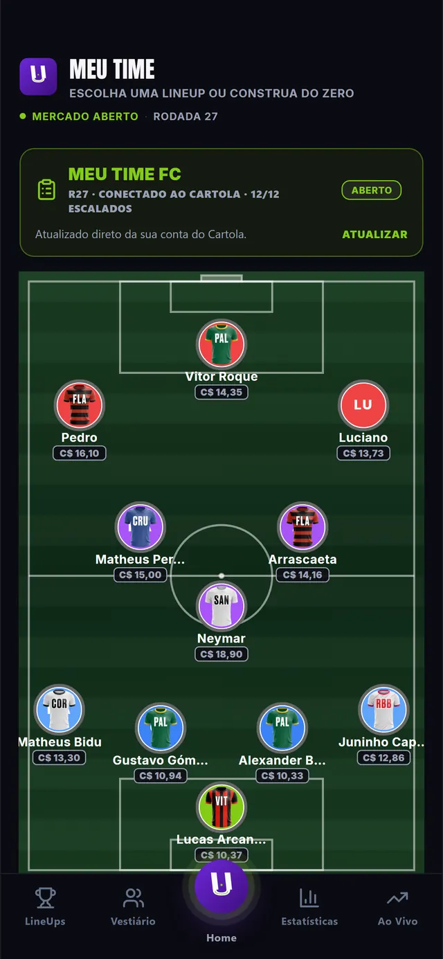 Tela Meu Time com o campinho, preço de cada jogador e avisos de suspenso e lesionado